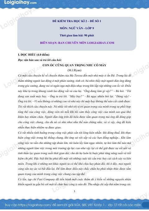 Đề thi học kì 2 Văn 9 - Đề số 1